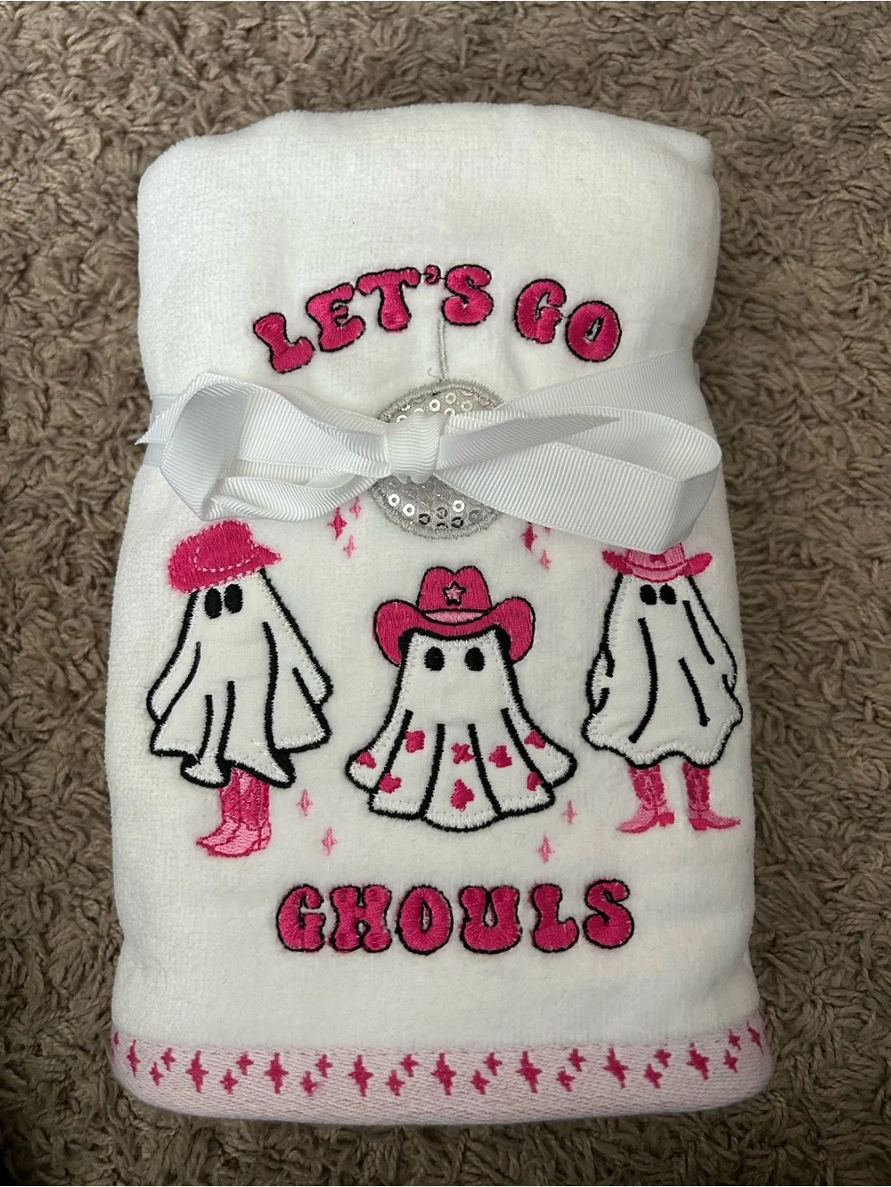 Lets Go Ghouls Pink Ghost Embroidered Towel